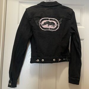 Ecko Red Embroidered Black Denim Cropped Jean Jacket Size Extra Small